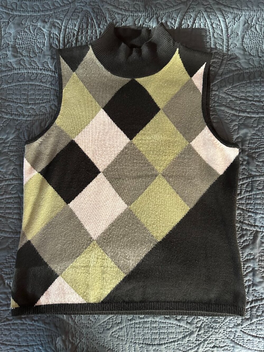 Judith Hart Collection Argyle Mock Neck Sweater Tank – Black, Green, & Tan, Size